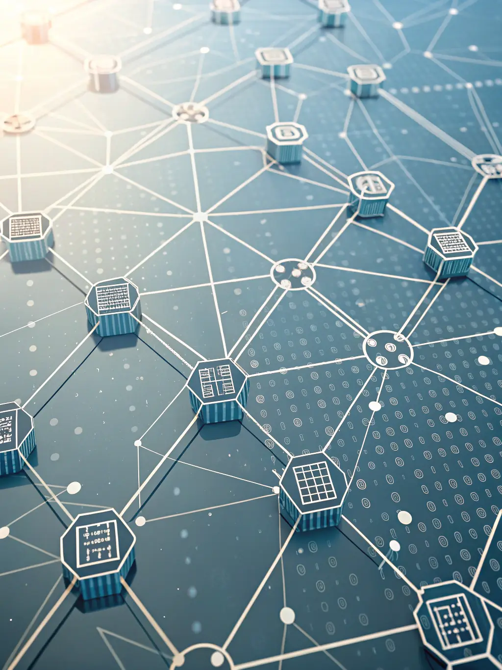 An image depicting a blockchain network with interconnected nodes, symbolizing secure and transparent transactions.